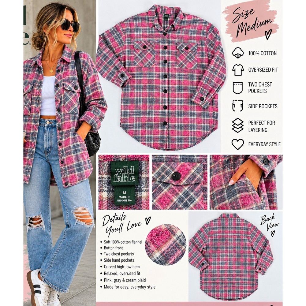 Flannel Shacket Plaid Oversized Women M Pink Gray Cotton Shirt Jacket Wild Fable
